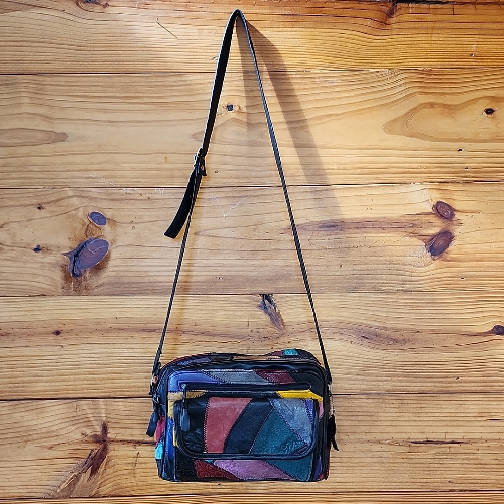 Vtg Genuine Leather Multicolor Patchwork Crossbody Bag 80s 90s